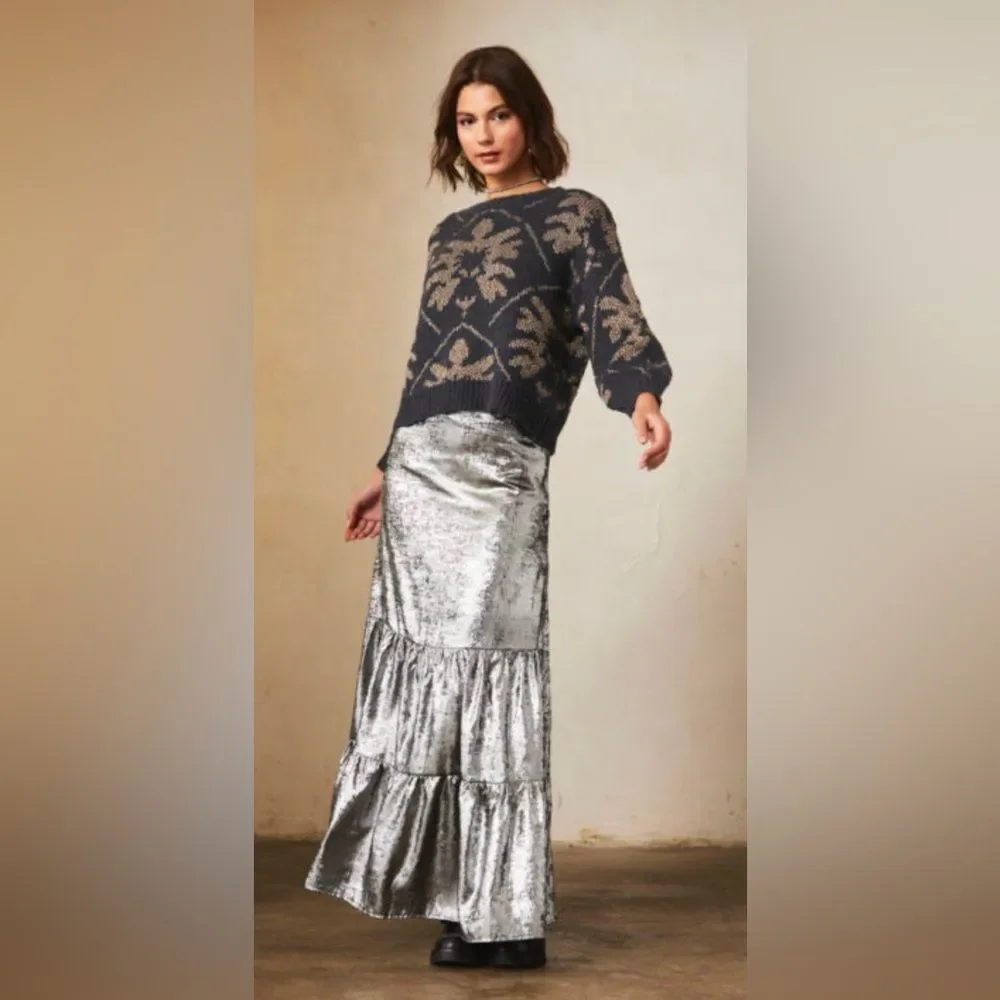 NWT NKN Nekane Metallic Silver Tiered Maxi Skirt - Medium - $140 MSRP - Picture 2 of 7